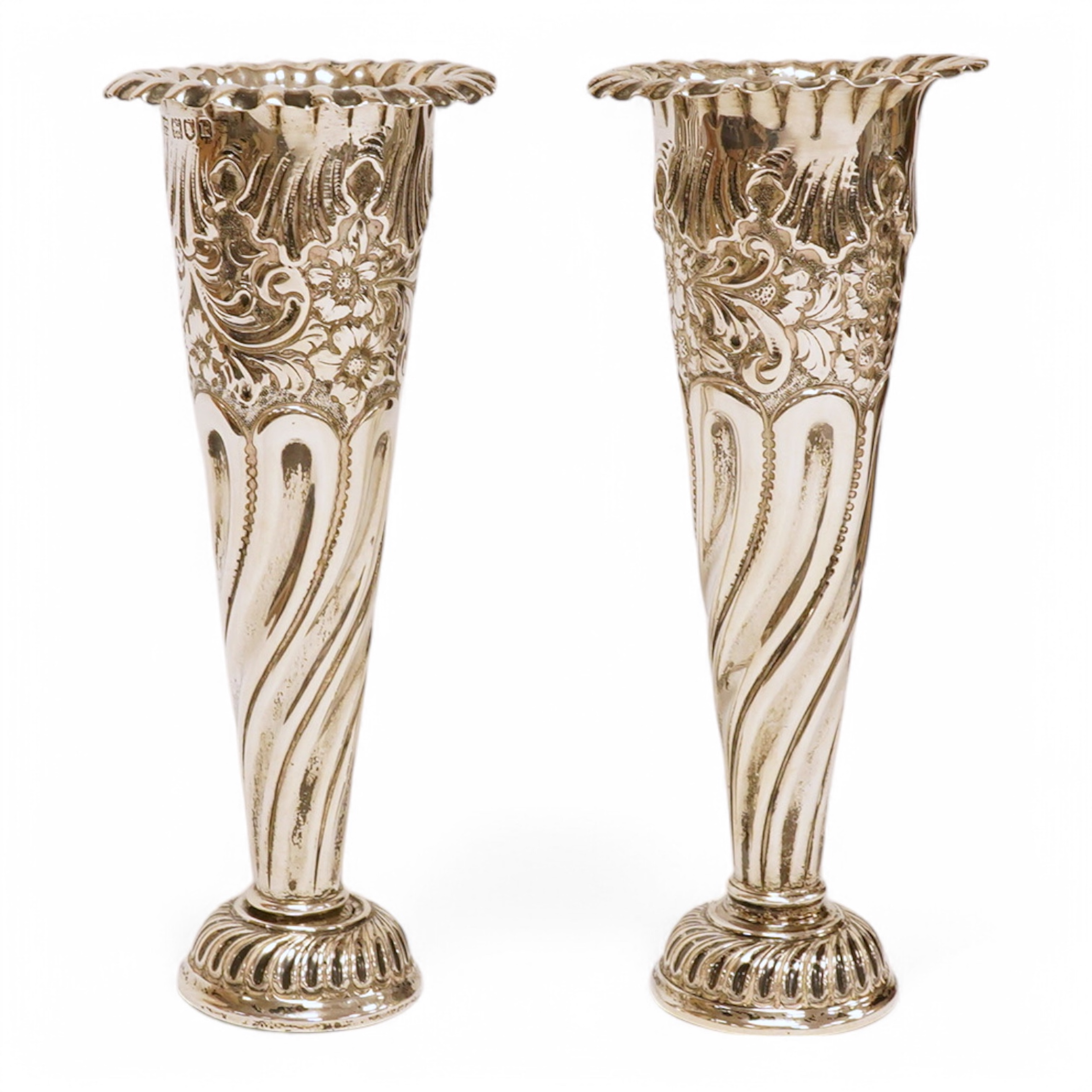 A pair of Edwardian silver spill vases, by S.W. Smith & Co, London, 1905, height 16.1cm, weighted, one split. Condition - poor